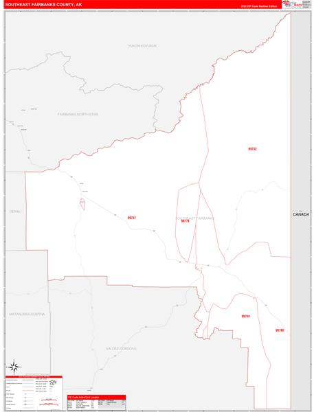 Southeast Fairbanks County Wall Map Red Line Style